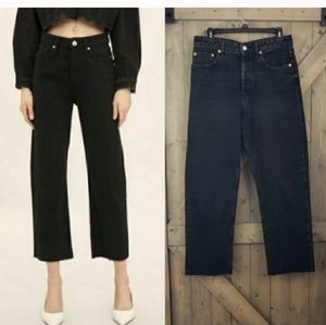 Zara Black Denim Straight Cropped Button Fly Cutoff Jeans Dark Wash Size 8 / 30,